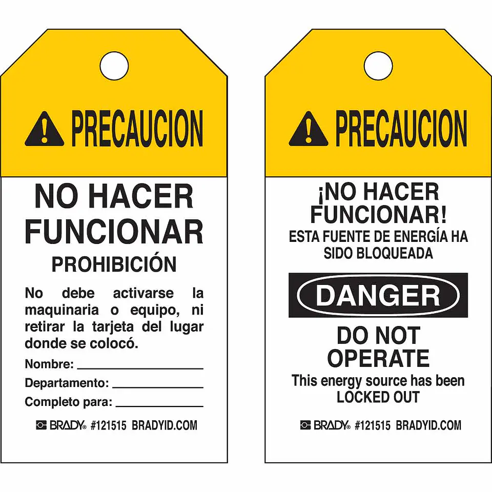 121515 BRADY Etiqueta de precaución, superficie para escribir, poliéster de alta resistencia, inglés/español, paquete de 25 1
