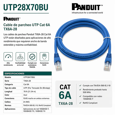 UTP28X70BU PANDUIT Cable de parcheo UTP Cat 6A TX6A-28