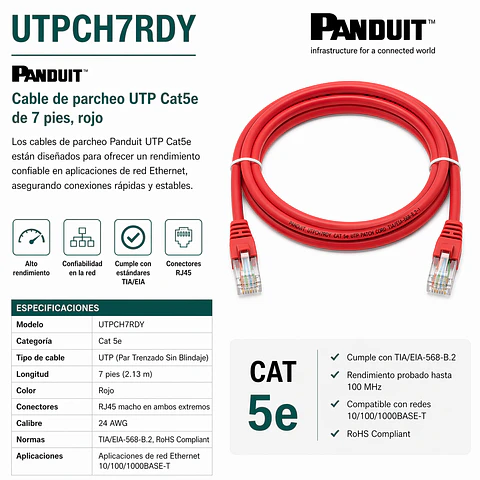 UTPCH7RDY PANDUIT Cable de parcheo UTP Cat5e de 7 pies, rojo