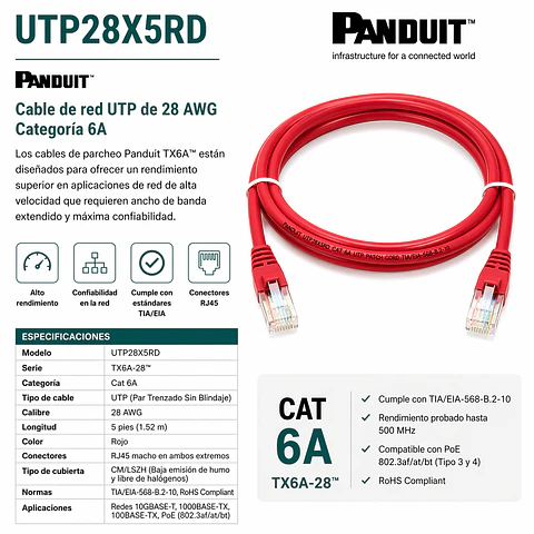 UTP28X5RD PANDUIT Cable de red UTP de 28 AWG Categoría 6A