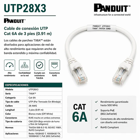 UTP28X3 PANDUIT Cable de conexión UTP Cat 6A de 3 pies