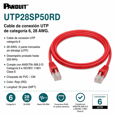 UTP28SP50RD PANDUIT Cable de conexión UTP de categoría 6, 28 AWG.
