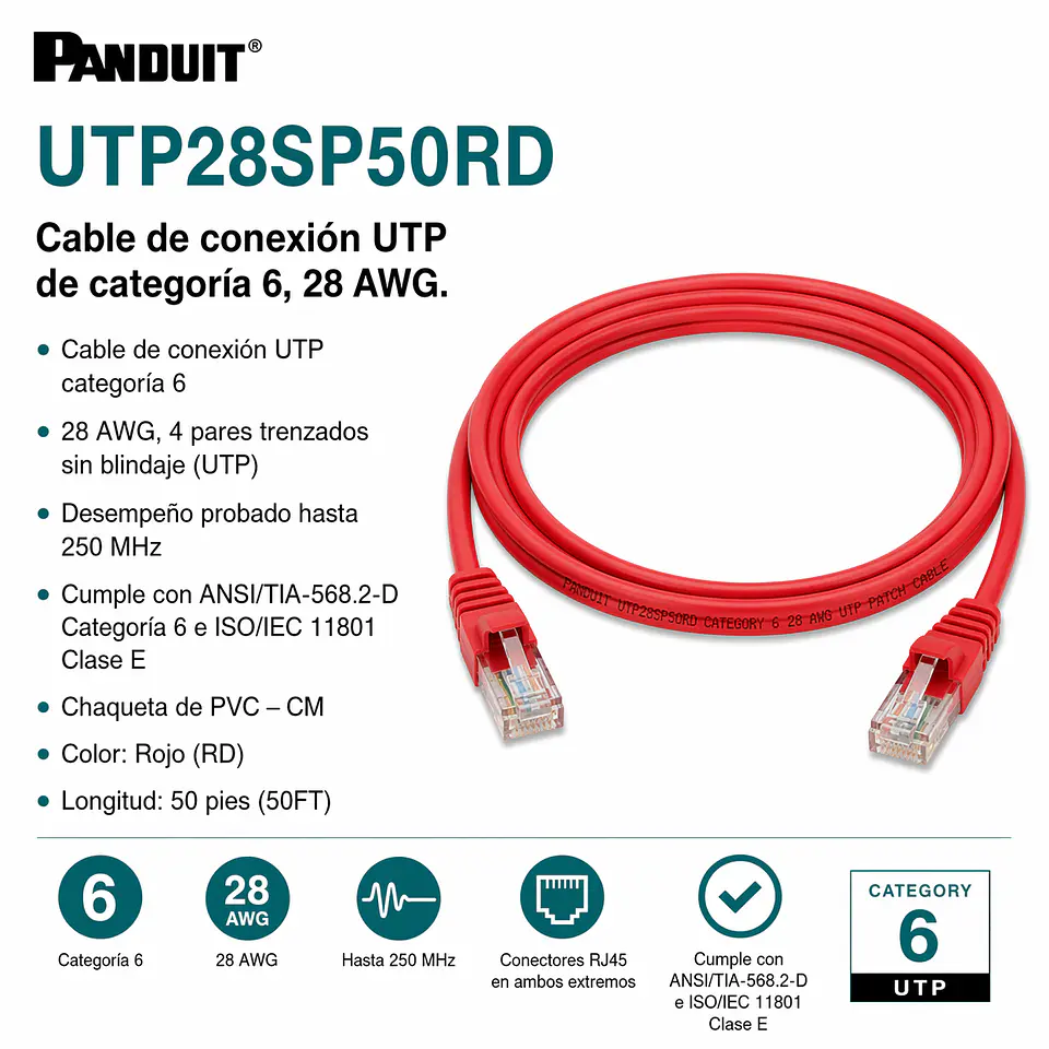 UTP28SP50RD PANDUIT Cable de conexión UTP de categoría 6, 28 AWG. 1