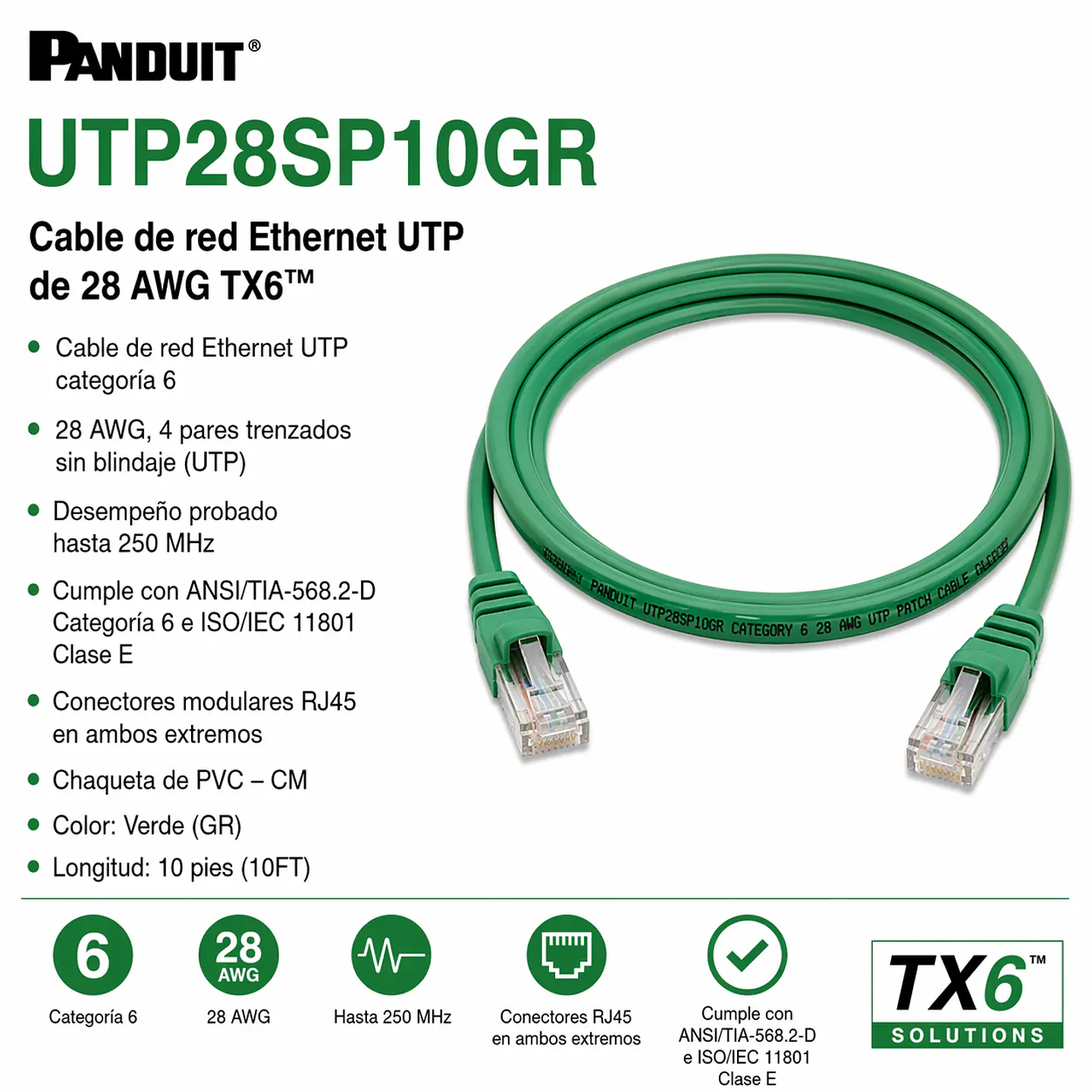 UTP28SP10GR PANDUIT Cable de red Ethernet UTP de 28 AWG TX6™ 1
