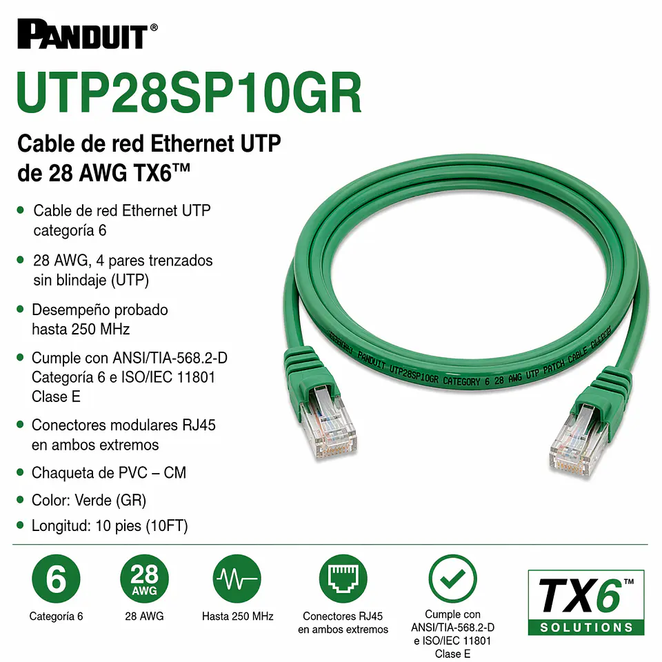 UTP28SP10GR PANDUIT Cable de red Ethernet UTP de 28 AWG TX6™ 1