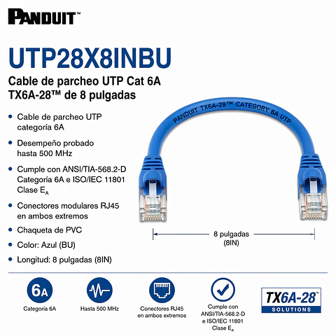 UTP28X8INBU PANDUIT Cable de parcheo UTP Cat 6A TX6A-28 de 8 pulgadas