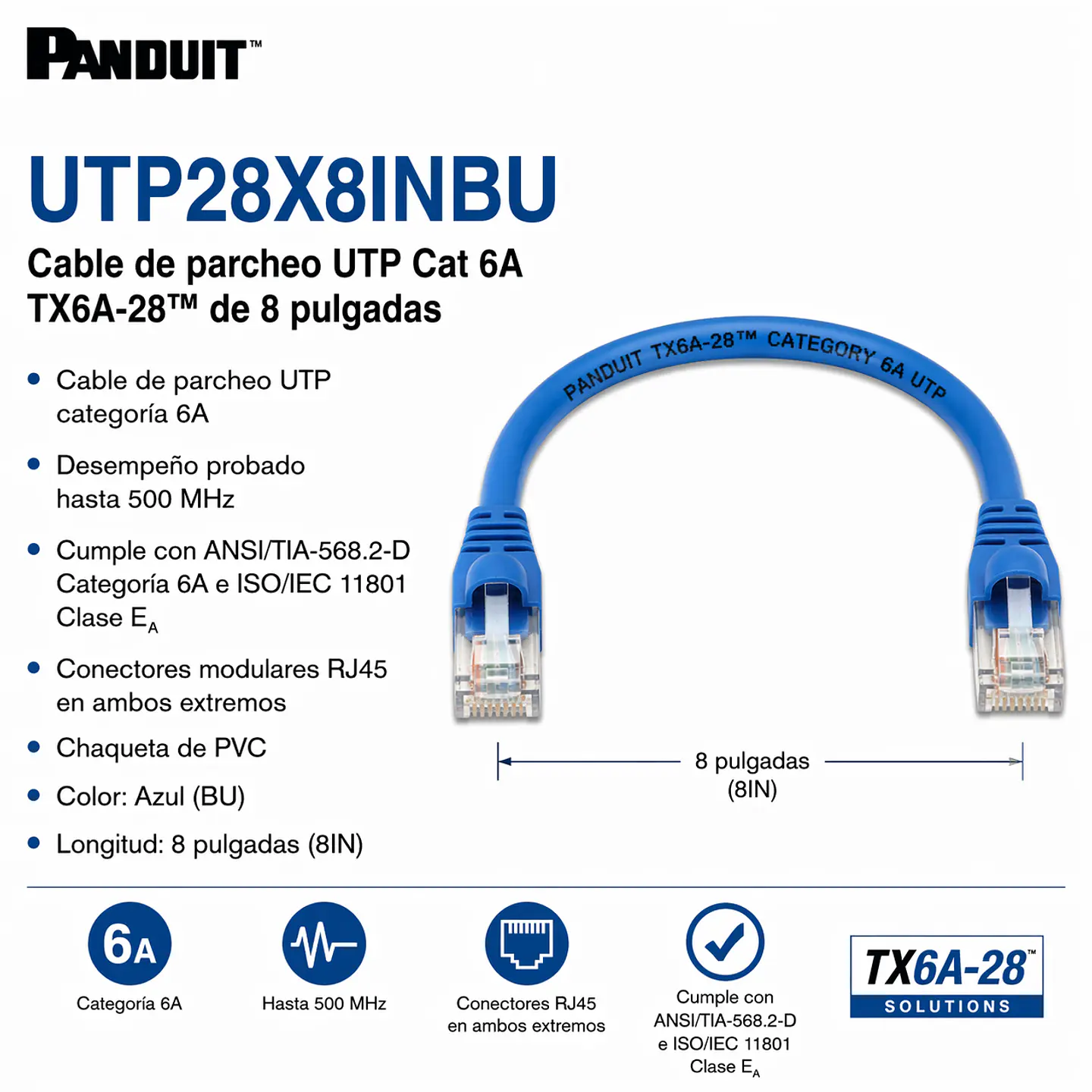 UTP28X8INBU PANDUIT Cable de parcheo UTP Cat 6A TX6A-28 de 8 pulgadas 1