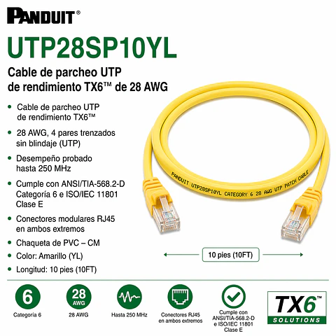 UTP28SP10YL PANDUIT Cable de parcheo UTP de rendimiento TX6™ de 28 AWG