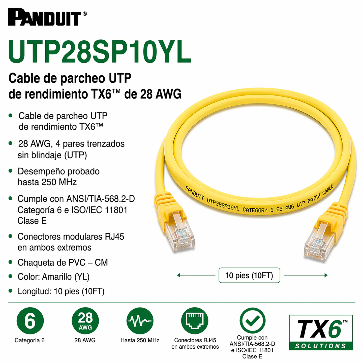 UTP28SP10YL PANDUIT Cable de parcheo UTP de rendimiento TX6™ de 28 AWG 1