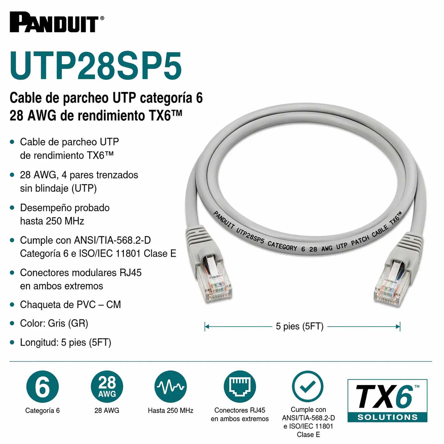 UTP28SP5 PANDUIT Cable de parcheo UTP categoría 6 28 AWG de rendimiento TX6 1