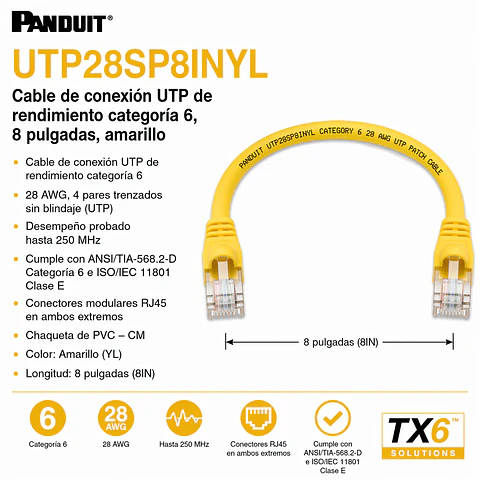 UTP28SP8INYL PANDUIT Cable de conexión UTP de rendimiento categoría 6, 8 pulgadas, amarillo