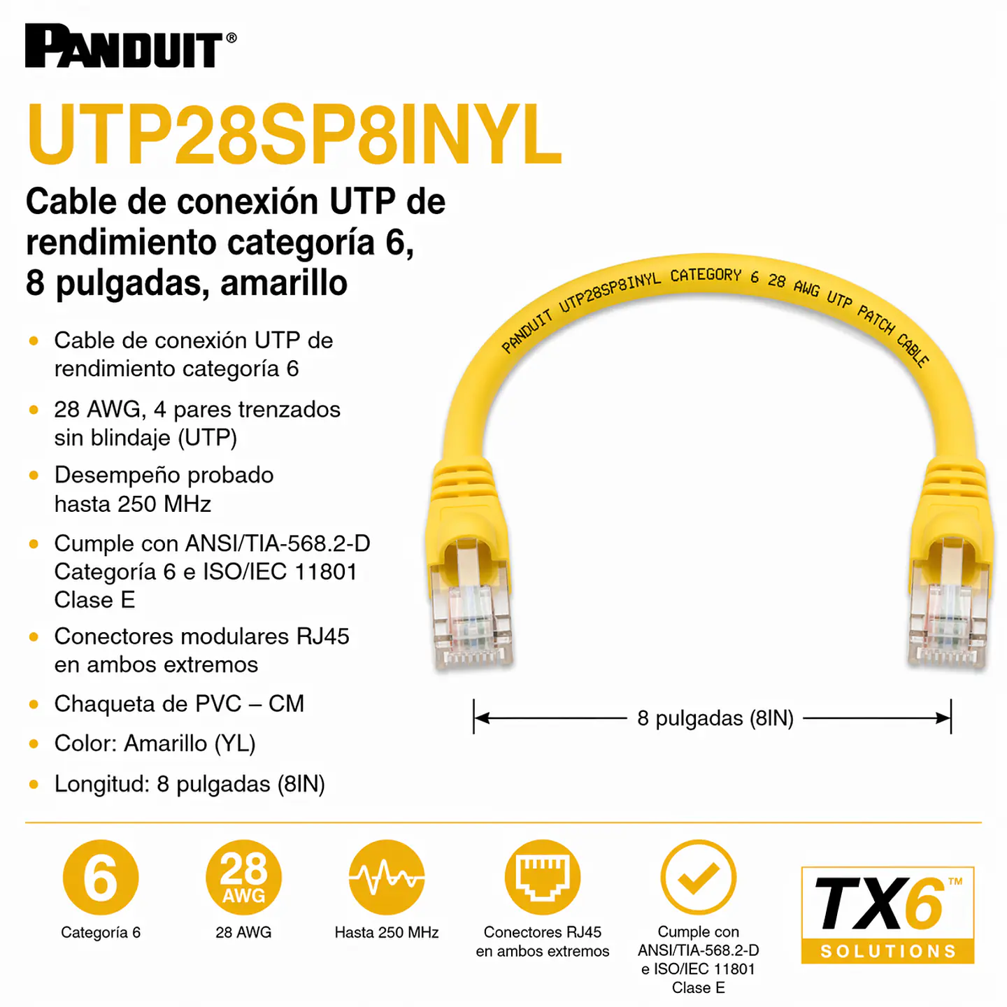 UTP28SP8INYL PANDUIT Cable de conexión UTP de rendimiento categoría 6, 8 pulgadas, amarillo 1