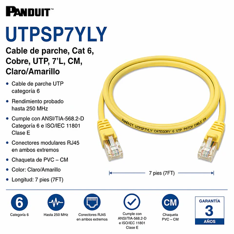 UTPSP7YLY PANDUIT Cable de parche, Cat 6, Cobre, UTP, 7'L, CM, Claro/Amarillo