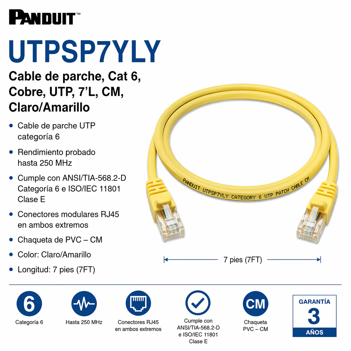 UTPSP7YLY PANDUIT Cable de parche, Cat 6, Cobre, UTP, 7'L, CM, Claro/Amarillo 1