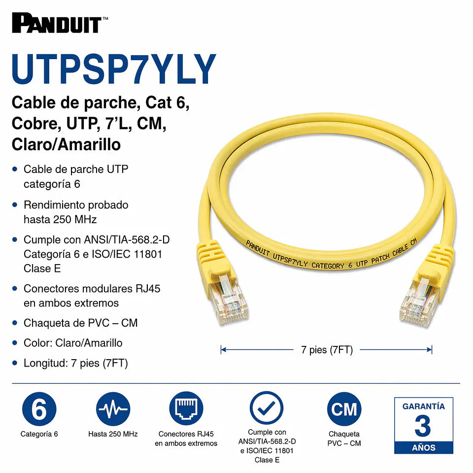 UTPSP7YLY PANDUIT Cable de parche, Cat 6, Cobre, UTP, 7'L, CM, Claro/Amarillo 1