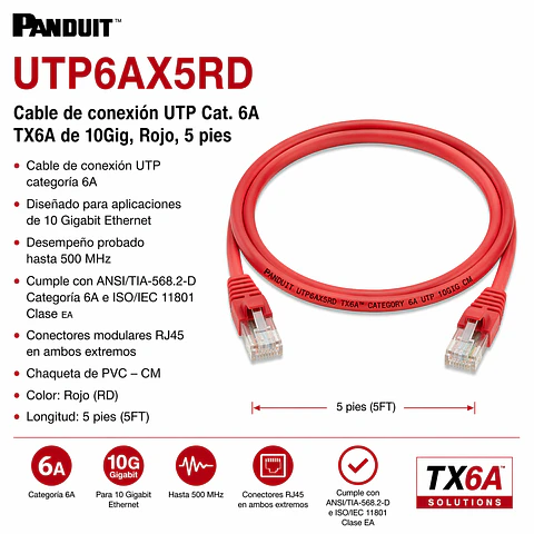 UTP6AX5RD PANDUIT Cable de conexión UTP Cat. 6A TX6A de 10Gig, Rojo, 5 pies