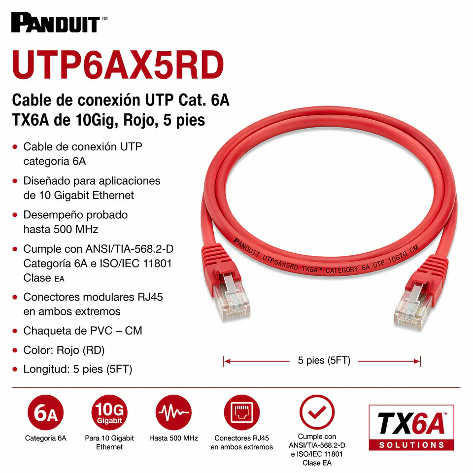 UTP6AX5RD PANDUIT Cable de conexión UTP Cat. 6A TX6A de 10Gig, Rojo, 5 pies 1