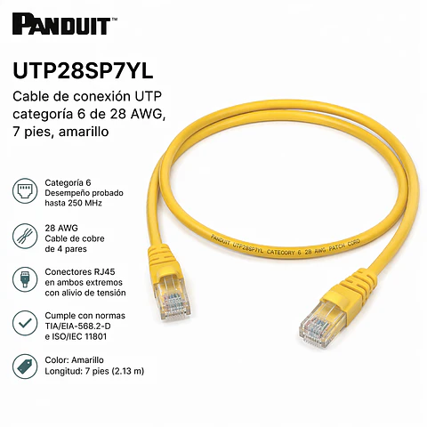 UTP28SP7YL PANDUIT Cable de conexión UTP categoría 6 de 28 AWG, 7 pies, amarillo
