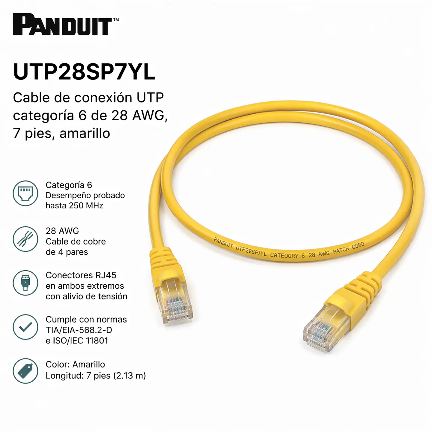 UTP28SP7YL PANDUIT Cable de conexión UTP categoría 6 de 28 AWG, 7 pies, amarillo 1