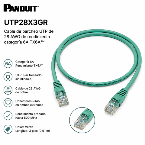 UTP28X3GR PANDUIT Cable de parcheo UTP de 28 AWG de rendimiento categoría 6A TX6A™