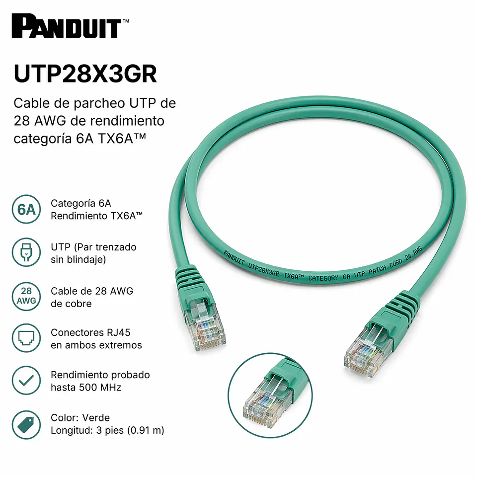 UTP28X3GR PANDUIT Cable de parcheo UTP de 28 AWG de rendimiento categoría 6A TX6A™ 1