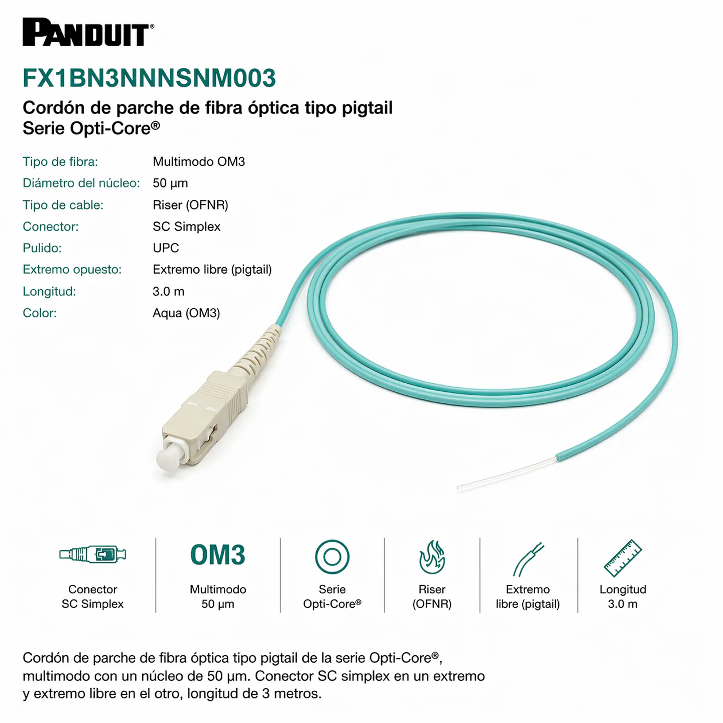 FX1BN3NNNSNM003 PANDUIT Cordón de parche de fibra óptica OM3 Riser Opti-Core 1
