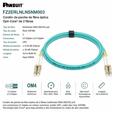 FZ2ERLNLNSNM003 PANDUIT Cordón de parche de fibra óptica Opti-Core de 2 fibras, OM4, LC dúplex, riser