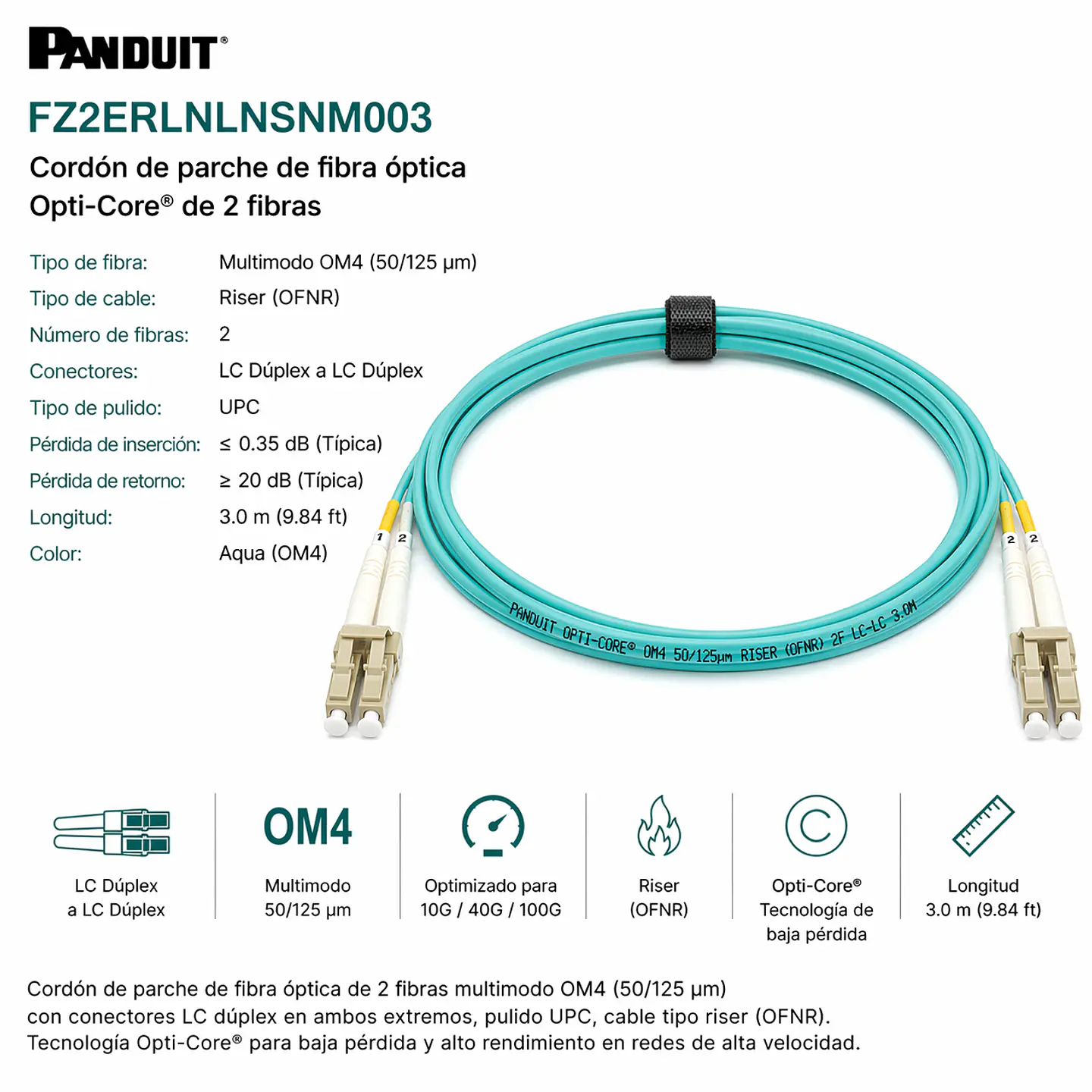 FZ2ERLNLNSNM003 PANDUIT Cordón de parche de fibra óptica Opti-Core de 2 fibras, OM4, LC dúplex, riser 1