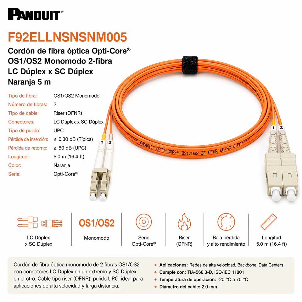 F92ELLNSNSNM005 PANDUIT Cordón de fibra óptica Opti-Core OS1/OS2 Monomodo 2-fibra LC Dúplex x SC Dúplex Naranja 5 m 1