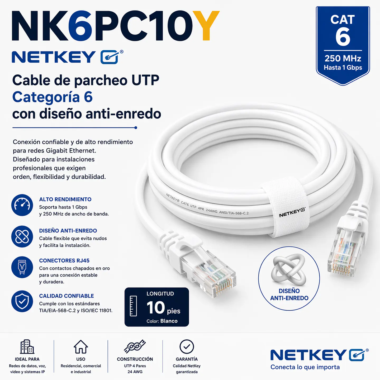 NK6PC10Y NETKEY Cable de parcheo UTP Categoría 6 con diseño anti-enredo 1