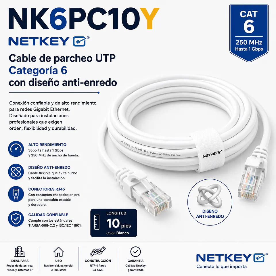 NK6PC10Y NETKEY Cable de parcheo UTP Categoría 6 con diseño anti-enredo 1