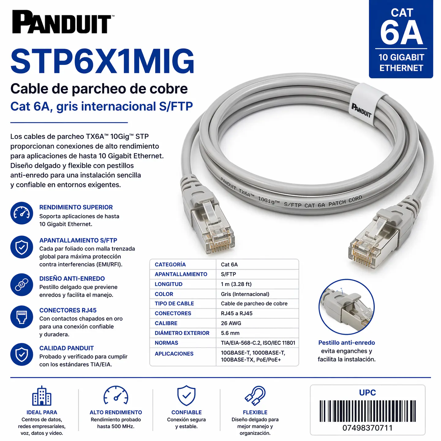 STP6X1MIG PANDUIT Cable de parcheo de cobre, Cat 6A, gris internacional S/FTP 1