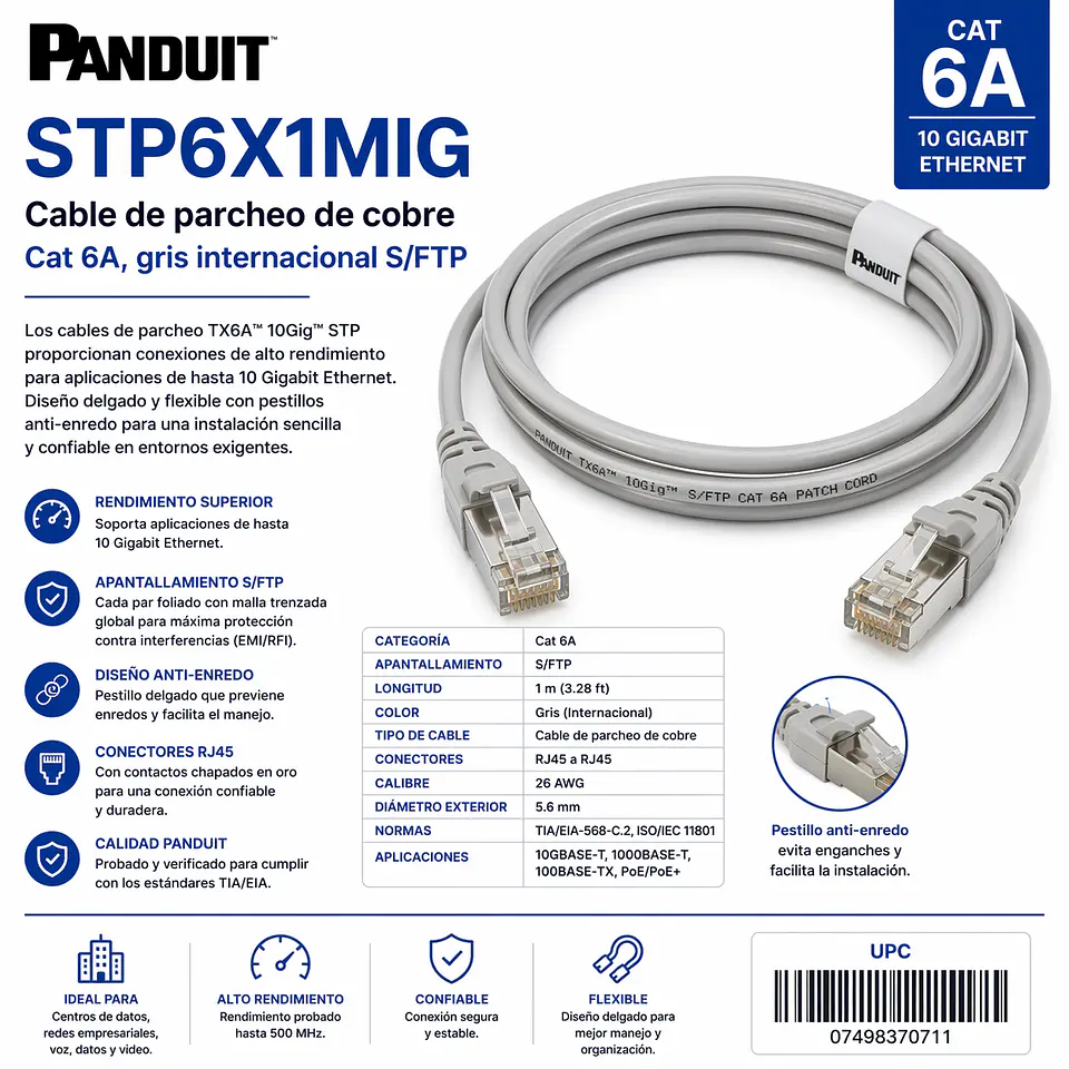 STP6X1MIG PANDUIT Cable de parcheo de cobre, Cat 6A, gris internacional S/FTP 1