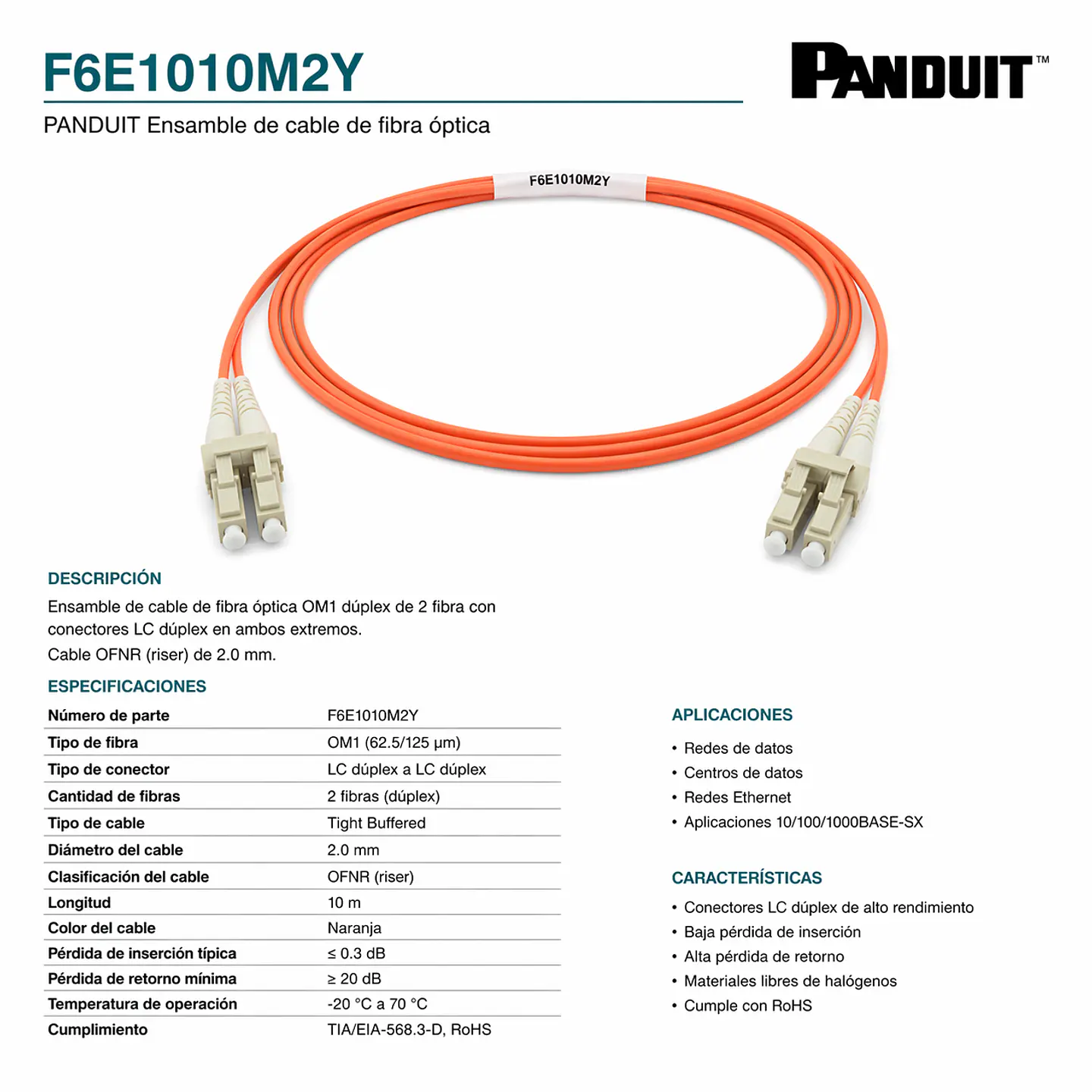 F6E1010M2Y PANDUIT Ensamble de cable de fibra óptica 1