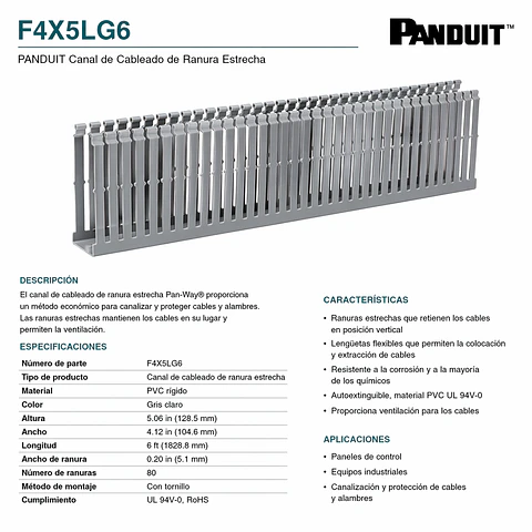 F4X5LG6 PANDUIT Canal de Cableado de Ranura Estrecha