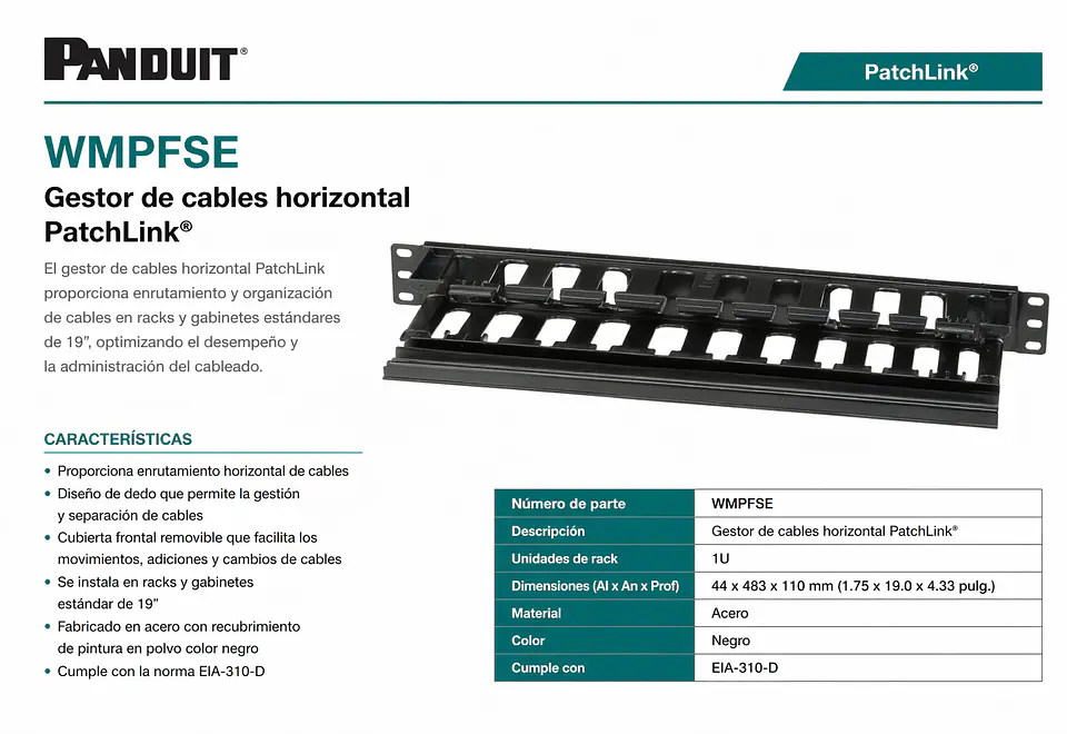 WMPFSE PANDUIT Gestor de cables horizontal PatchLink 2
