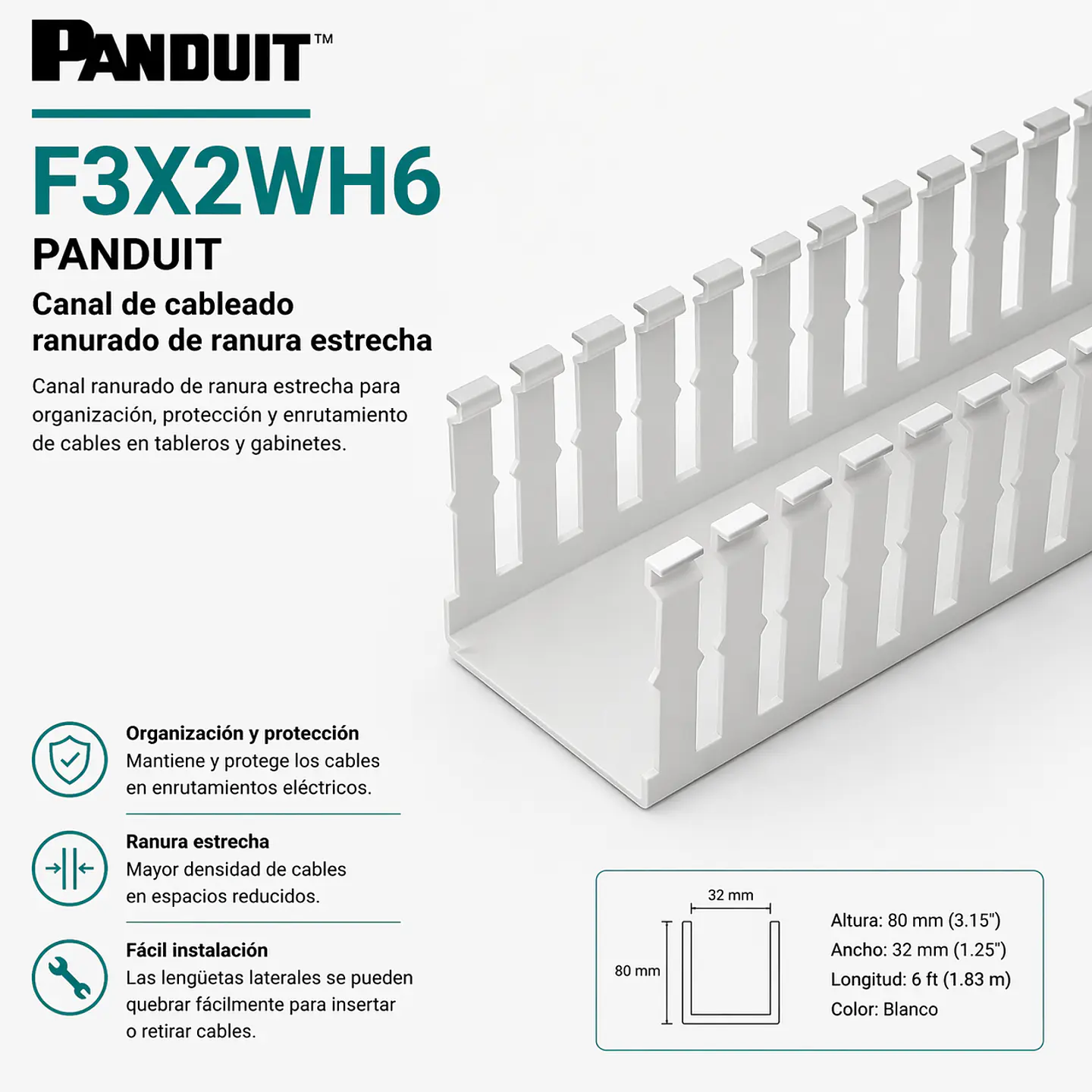F3X2WH6 PANDUIT Canal de cableado ranurado de ranura estrecha 1