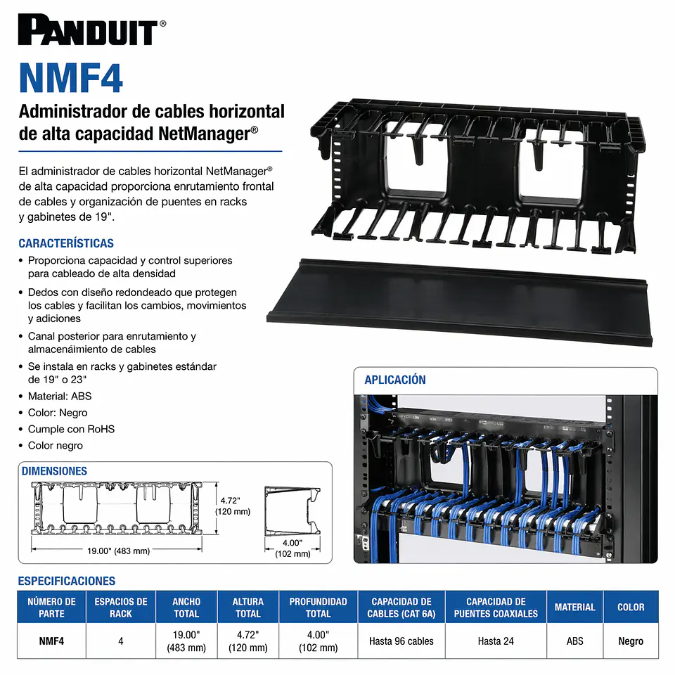 NMF4 PANDUIT Administrador de cables horizontal de alta capacidad NetManager 1