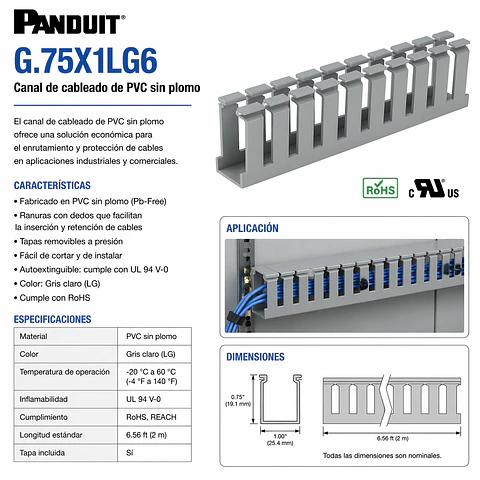 G.75X1LG6 PANDUIT Canal de cableado de PVC sin plomo