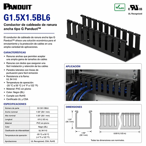 G1.5X1.5BL6 PANDUIT Conductor de cableado de ranura ancha tipo G Panduct™