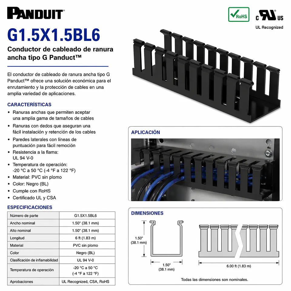 G1.5X1.5BL6 PANDUIT Conductor de cableado de ranura ancha tipo G Panduct™ 1