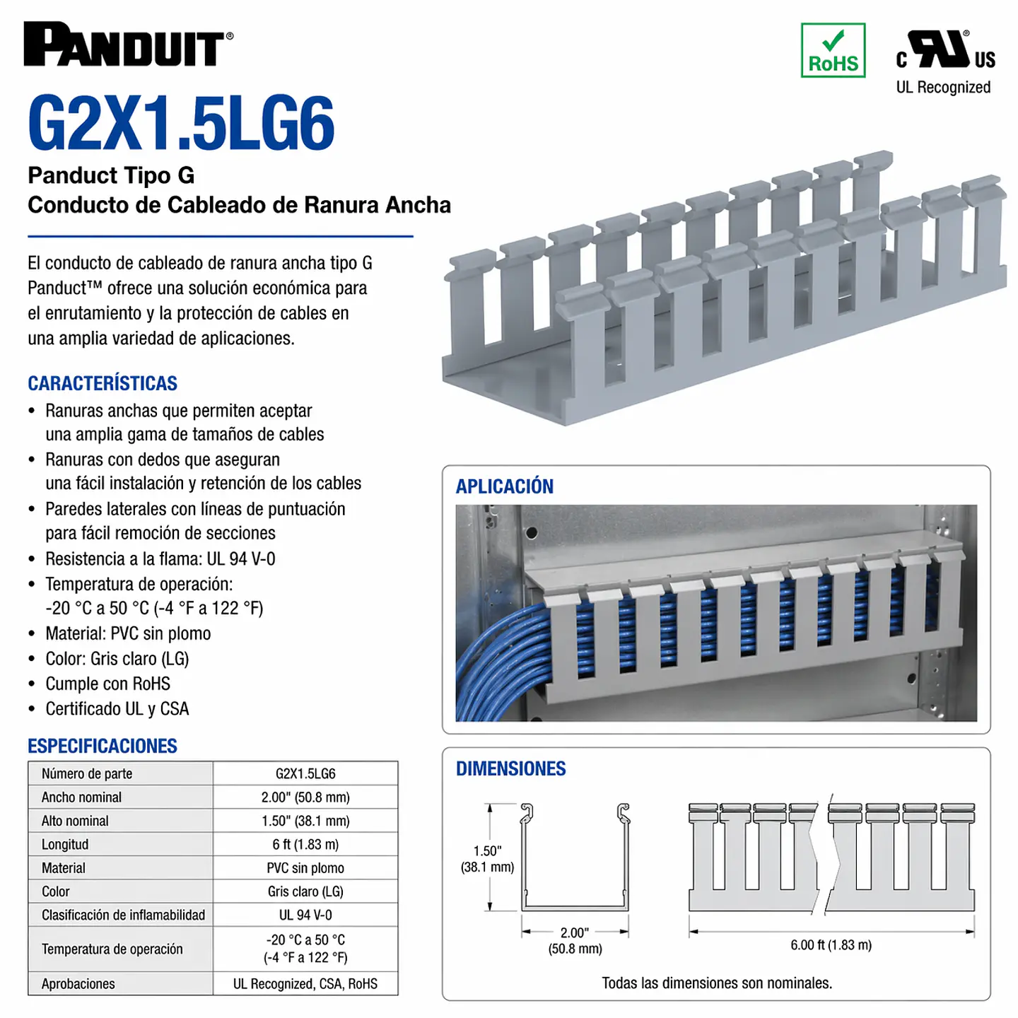 G2X1.5LG6 PANDUIT Panduct Tipo G Conducto de Cableado de Ranura Ancha 1