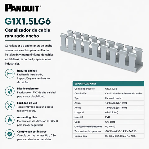 G1X1.5LG6 PANDUIT Canalizador de cable ranurado ancho