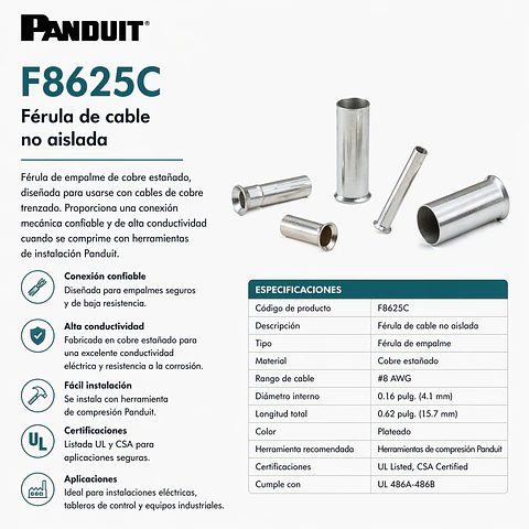 F8625C PANDUIT Férula de cable no aislada
