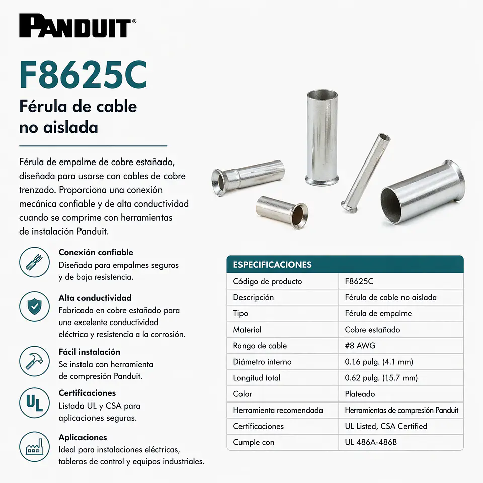F8625C PANDUIT Férula de cable no aislada 1