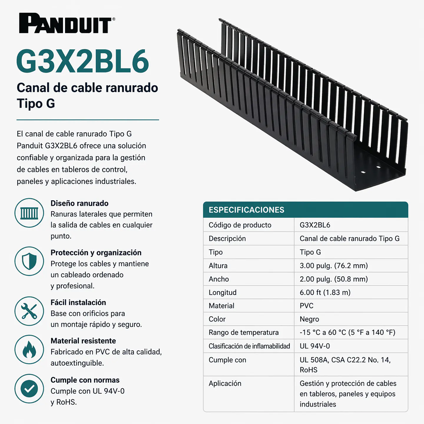 G3X2BL6 PANDUIT Canal de cable ranurado Tipo G 1
