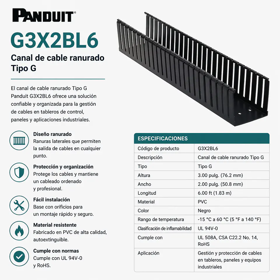 G3X2BL6 PANDUIT Canal de cable ranurado Tipo G 1