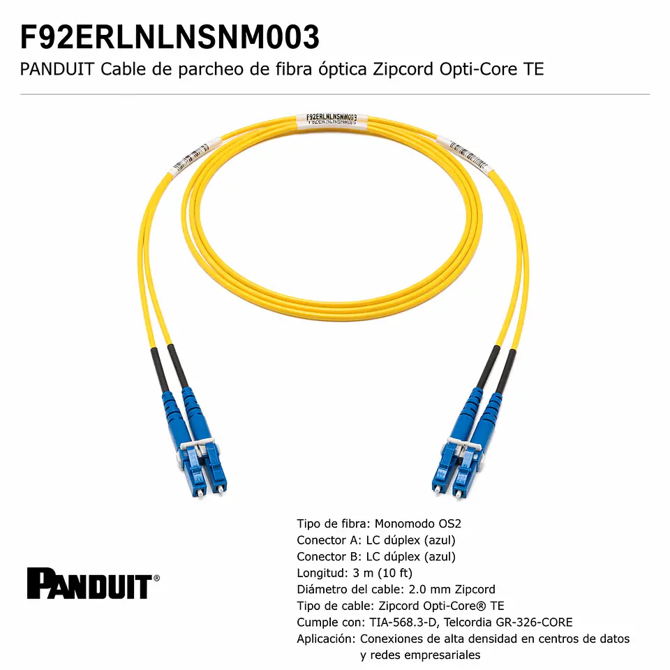F92ERLNLNSNM003 PANDUIT Cable de parcheo de fibra óptica Zipcord Opti-Core 1