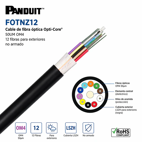 FOTNZ12 PANDUIT Cable de fibra óptica Opti-Core FOTNZ12 50UM OM4 12 fibras para exteriores no armado