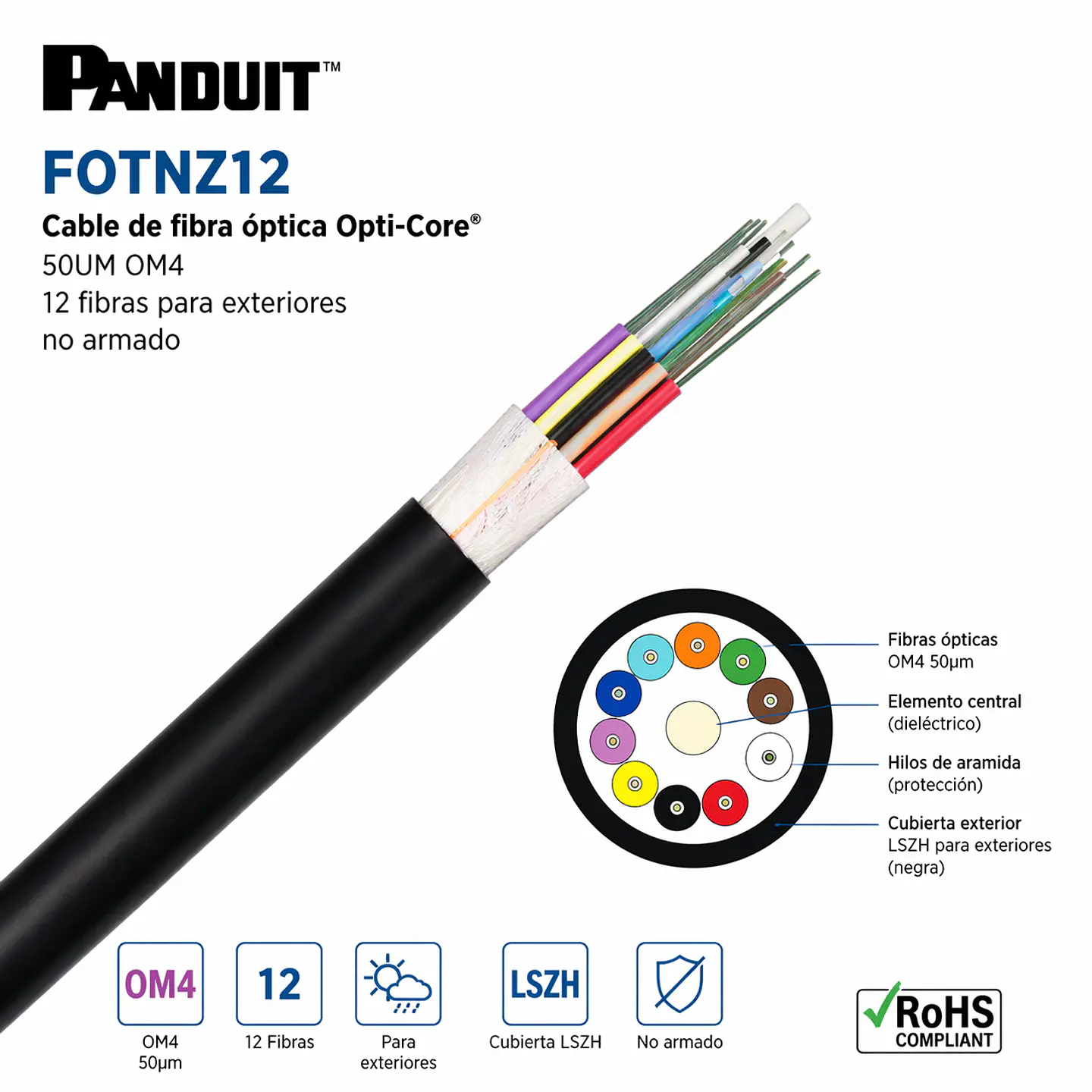 FOTNZ12 PANDUIT Cable de fibra óptica Opti-Core FOTNZ12 50UM OM4 12 fibras para exteriores no armado 1